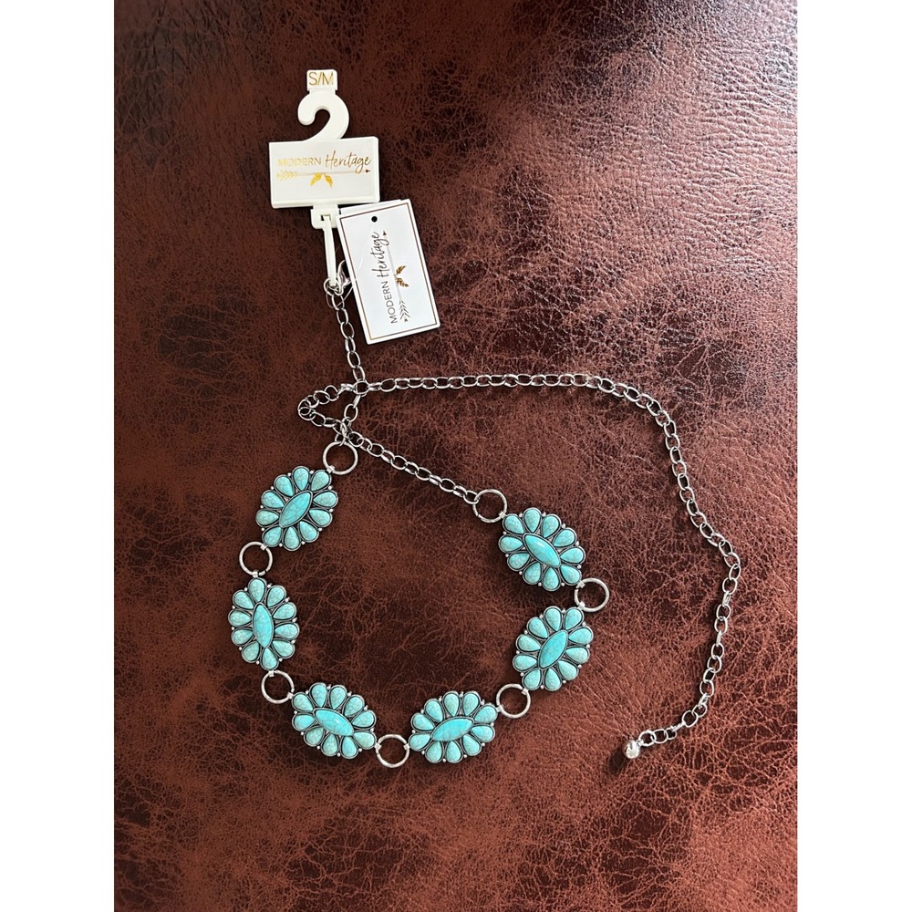 Modern Heritage Faux Turquoise Silver Tone Floral Medallion Chain‎ Belt S/M NWT